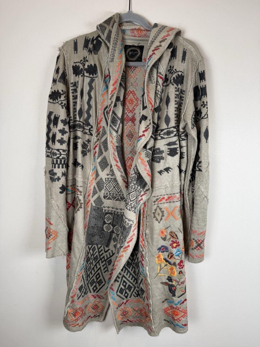 Johnny Was Biya Embroidered Hooded Cardigan Duster Ivory Cotton Sz Medium